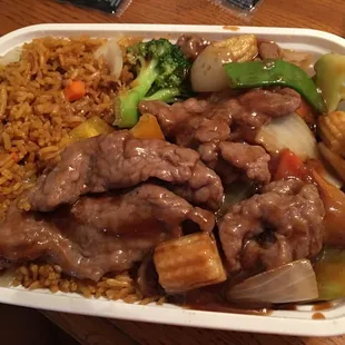 Beef and mixed veggies with pork fried rice.