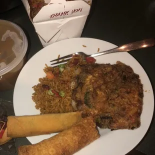Vegetable egg foo young, pork fried rice, spring roll, egg roll.