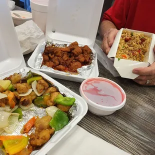 Sweet-and-sour pork, Orange Chicken barbecue, Fried Rice.
