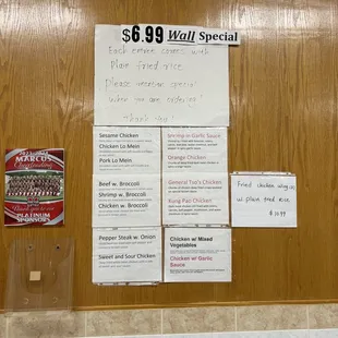 a menu for a wall special