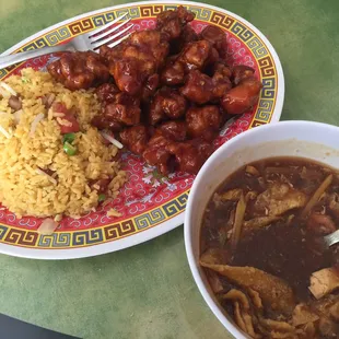 General Tso's with fried rice and Hot and Sour soup! Yummy!!
