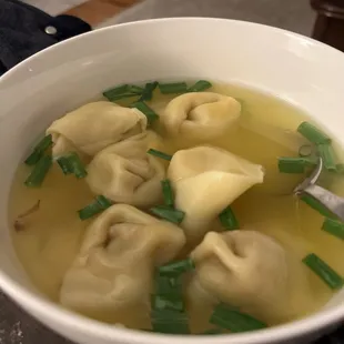 a bowl of soup with dumplings