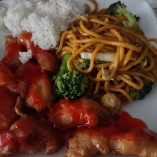 Vegetable Lo Mein, Sweet and Sour Chicken.