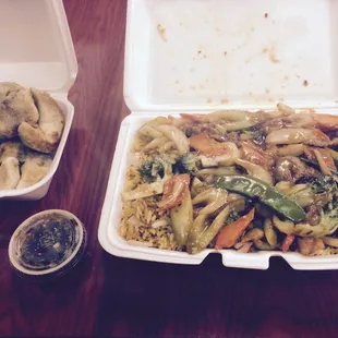 Szechuan Beef dinner combo and Pan Fried Dumplings.