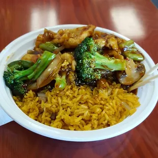 Schezewan chicken with pork fried rice.. what a mess