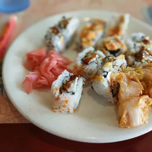 Sushi, ginger, kimchi
