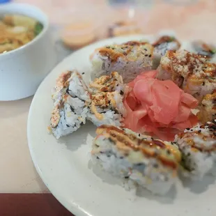 Sushi, ginger, wonton soup