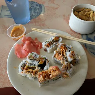 Sushi, ginger, wonton soup