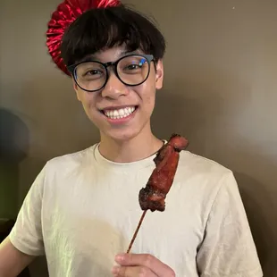 Teriyaki chicken on a stick