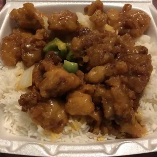 Orange Chicken over steamed white rice! GOOD!