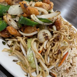 Salt and pepper chicken with chow mein and fried rice