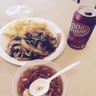 Hot and sour soup and Mongolian beef with rice.