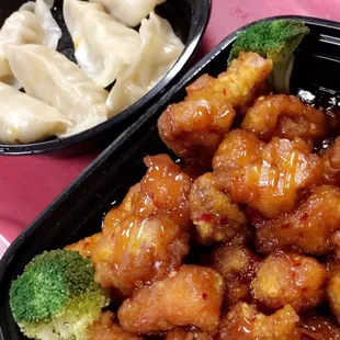 General Tso Chicken and steamed dumplings