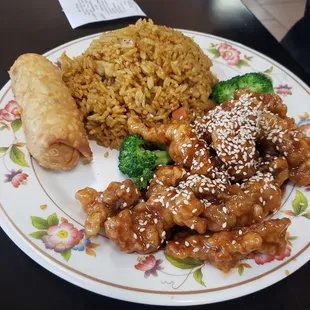 Lunch sesame chicken and fried chicken rice
