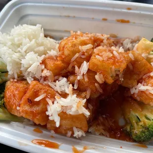 General Tso tofu white rice broccoli