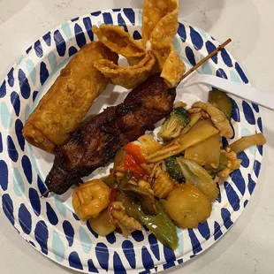 Egg roll. Crab Rangoon. Happy Family meal. Cho cho chicken.