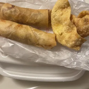 Spring rolls and crab rangoon.