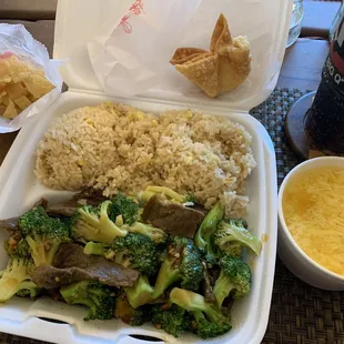 #10 beef and broccoli with egg drop soup and crab Rangoon! $6.25. Huge meal!