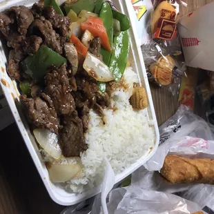 The spread- Mongolian Beef with steamed rice, crab Rangoon, egg roll (pork) , and small house fried rice. $22 delivered!