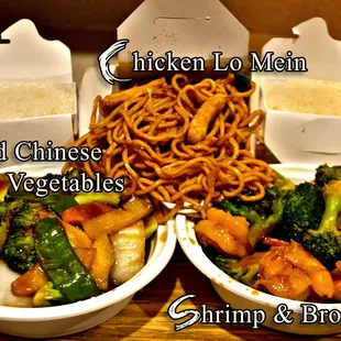 Chicken Lo Mein (Pt), Shrimp &amp; Broccoli (Pt), and Mixed Chinese Vegetables (Pt).