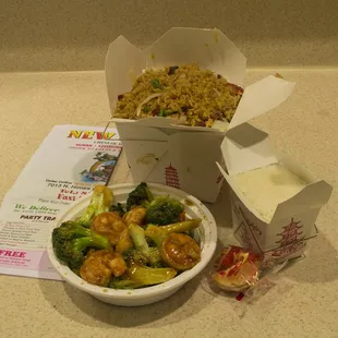 Roast Pork Fried Rice (Qt); Shrimp with Broccoli (Pt)