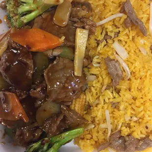 Beef with garlic sauce with beef fried rice