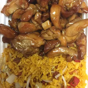 Bourbon chicken with pork fried rice