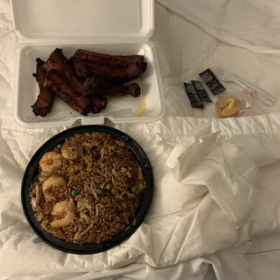 Shrimp Fried Rice with 4 Pieces Bar-B-Q Spareribs (they gave me an extra one). I LIVE for this.