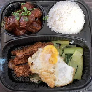 a meal in a styrofoam container