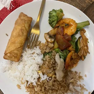 Egg roll, chicken fried rice, triple delight