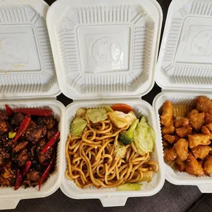 Szechuan Style Spicy Chicken with Bones, Chow Mein,  Lemon Chicken...