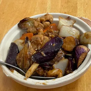 Salted fish, chicken and eggplant clay pot