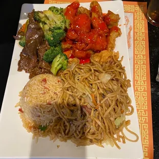 Broccoli beef and sweet and sour pork.