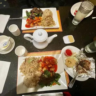 Sweet and sour, rice, beef and broccoli and pot stickers.