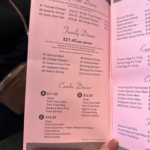 Dinner special menu