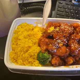 a meal in a styrofoam container