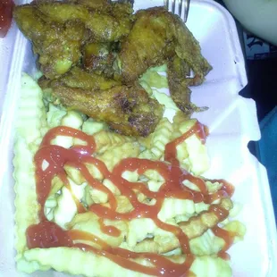 Chicken wings with fries