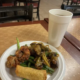 Green beans, mushrooms and bell pepper, egg rolls, and chicken wings!