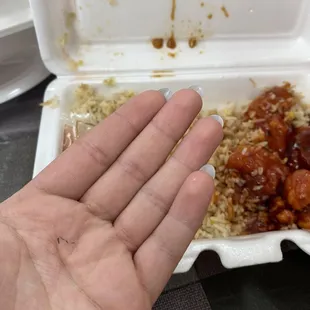 a hand holding a container of food