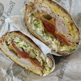 Oven Roasted Turkey Breast Sandwich on dutch crunch with everything- toasted.