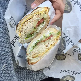 Roasted Chicken Breast on a Dutch Crunch roll with everything, no jalepeños