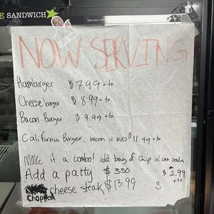 Burgers &amp; cheesesteak menu