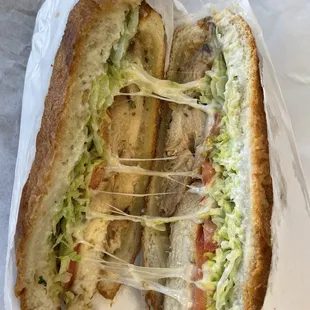 Grilled chicken breast with pepperjack cheese and LTM on a soft roll. Great sandwich.