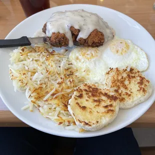 Chicken fried chicken with has browns, eggs and biscuits!!!!