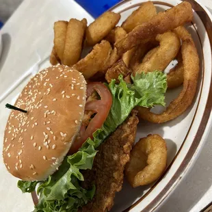 Pork tenderloin sandwich with onion rings
