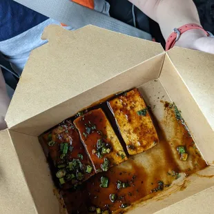 Bbq spicy tofu. There was one more tofu block before this pic, but the kid ate it.