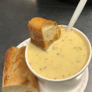 Check our our Soups and Chilis of the Day with bread!