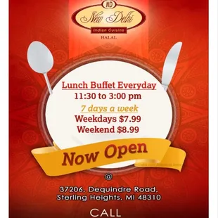 Now serving lunch buffet 7 days a week