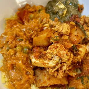 My three dishes, the roasted eggplant/Barta, creamed spinach/paneer, and the Alo Gobi.