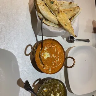 Garlic naan, butter chicken, palak paneer